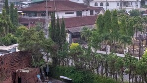 A swimming pool with a rock formation and a colorful umbrella, surrounded by greenery and residential buildings in the background. - Three Eight Front One Boutique Batu (Batu)