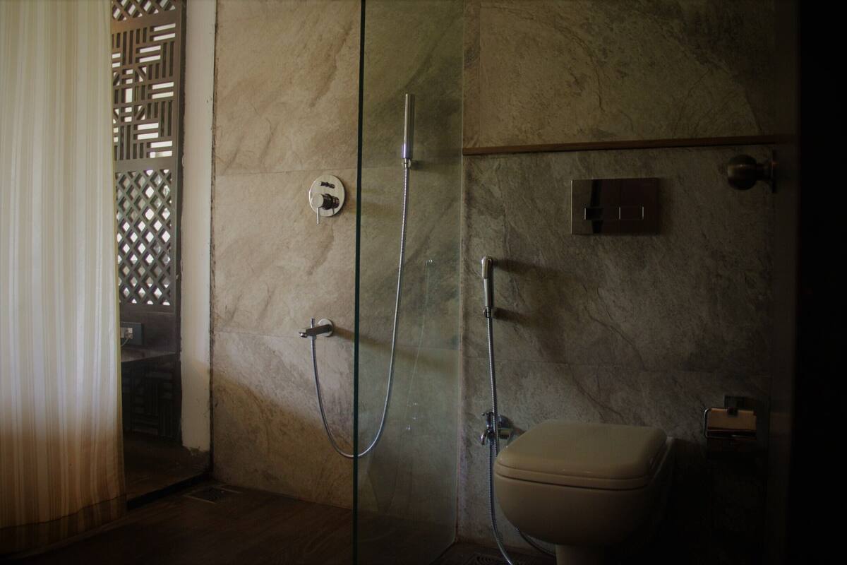 A bathroom with a glass-enclosed shower, a toilet, and a marble wall.