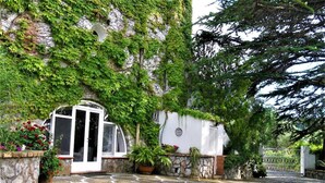 Ein Innenhof mit einem gepflasterten Weg, der zu einem weißen Gebäude mit Glastür führt.