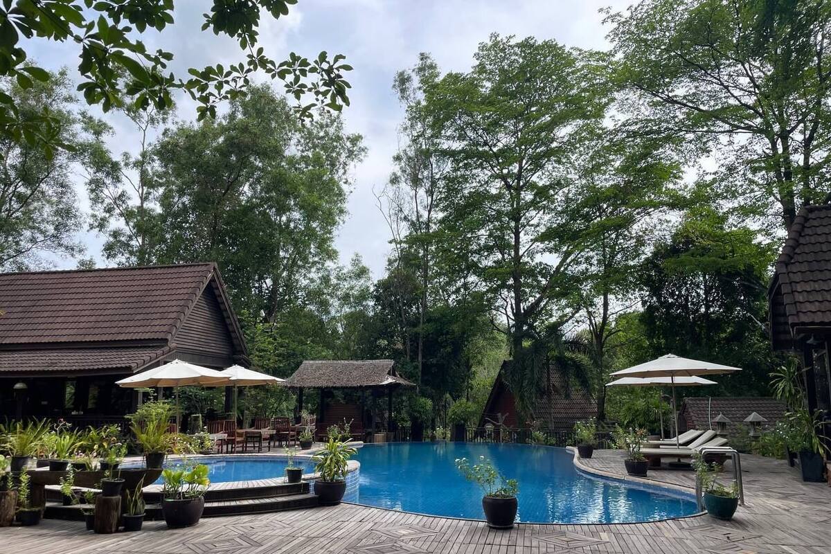 A wooden deck with a swimming pool, lounge chairs, and umbrellas.