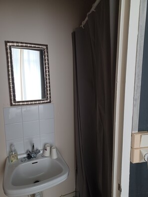 A bathroom with a white sink, a mirror with a decorative frame, and a shower curtain. - Hôtellerie Les Lilas (Bourgueil)