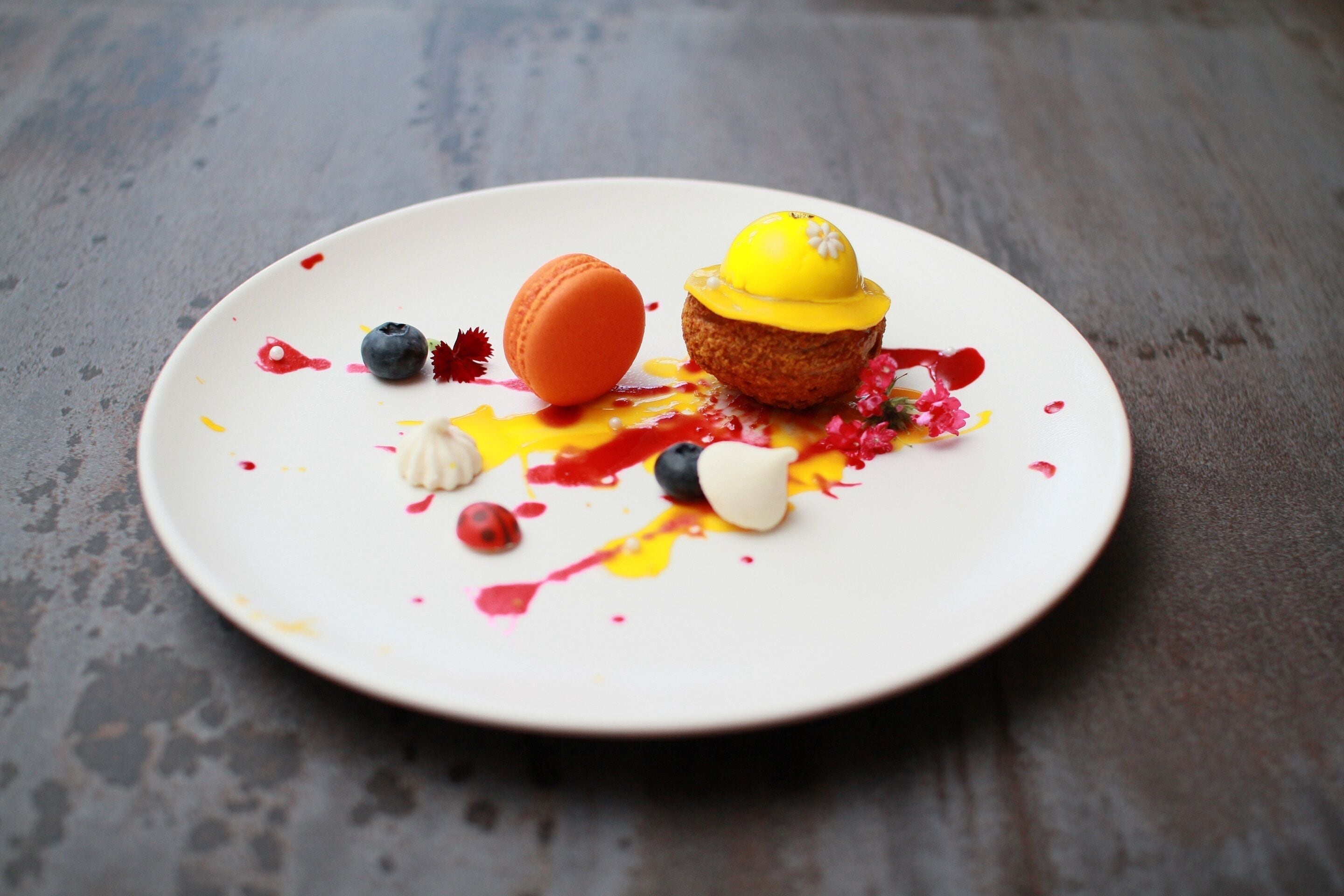 A dessert plate with a cupcake, macaroon, and various berries on a white plate.