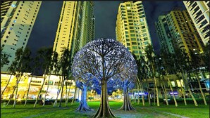 A nighttime view of a park with a large illuminated tree sculpture in the center, surrounded by tall residential buildings. - Forbeswood Heights near St Lukes (Taguig)