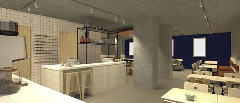 A modern kitchen with a white countertop, bar stools, and a juice wall listing various juices.