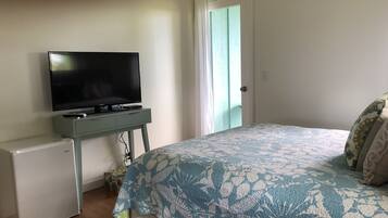 Une chambre à coucher avec un lit, un téléviseur posé sur un meuble, un radiateur et une porte avec une fenêtre.