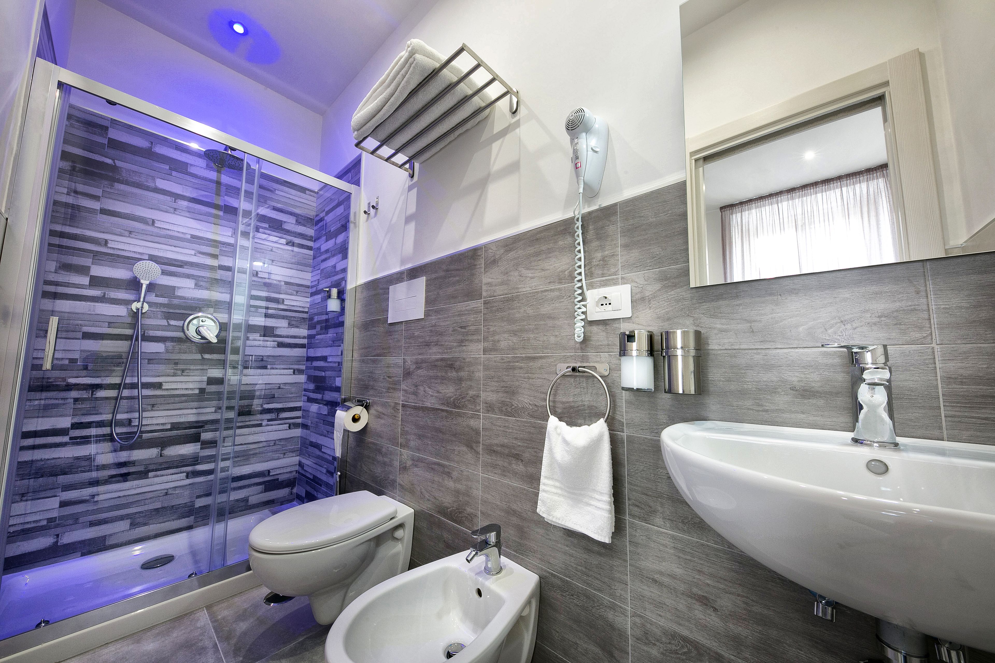 A modern bathroom with a glass shower enclosure, a bidet, a sink, and a towel rack.