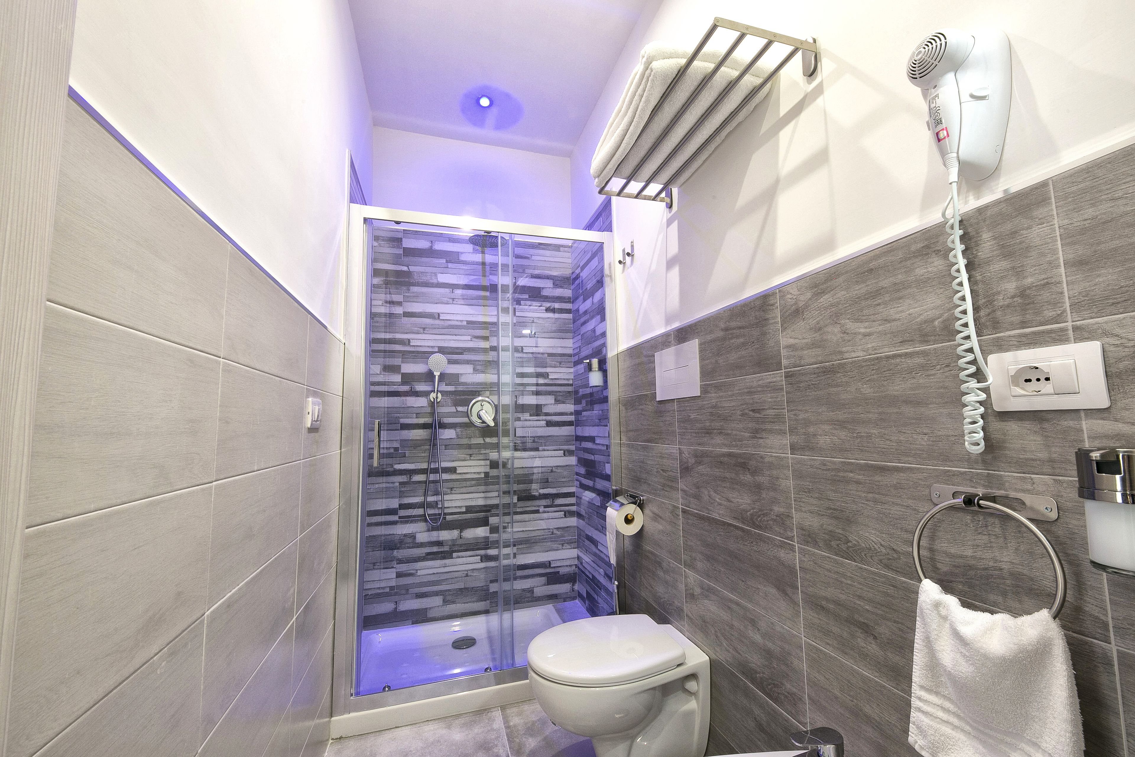 A modern bathroom with a glass shower enclosure, a toilet, and a hairdryer mounted on the wall.