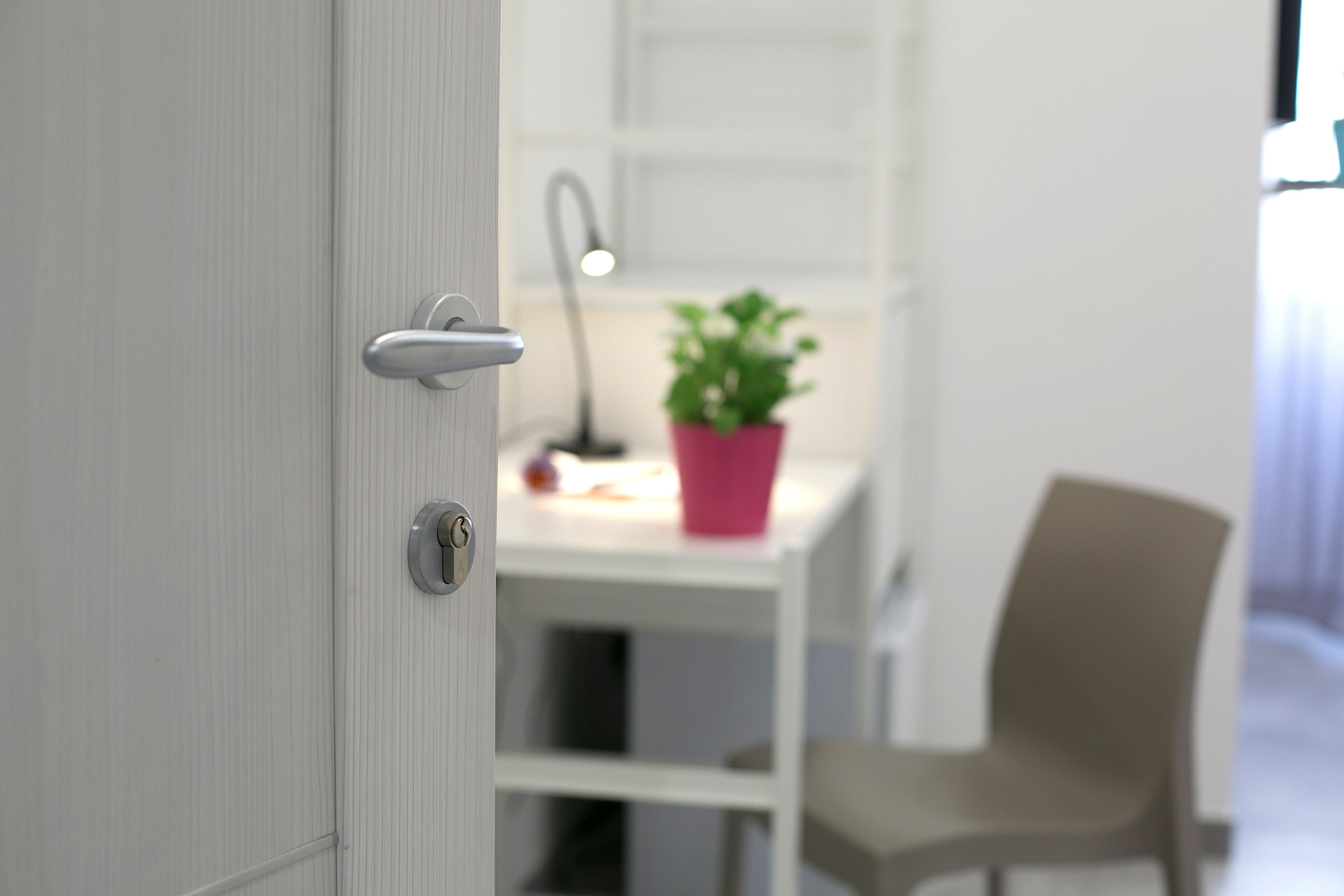 A room with a white door, a desk with a lamp, a chair, and a potted plant.