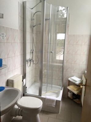 Shower, hair dryer, towels