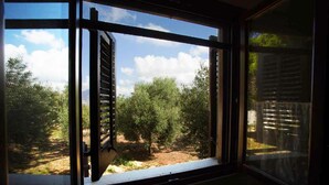 A window with a view of an outdoor area with trees and a fence. - Villa Panoramica Sul Mare (Valderice)