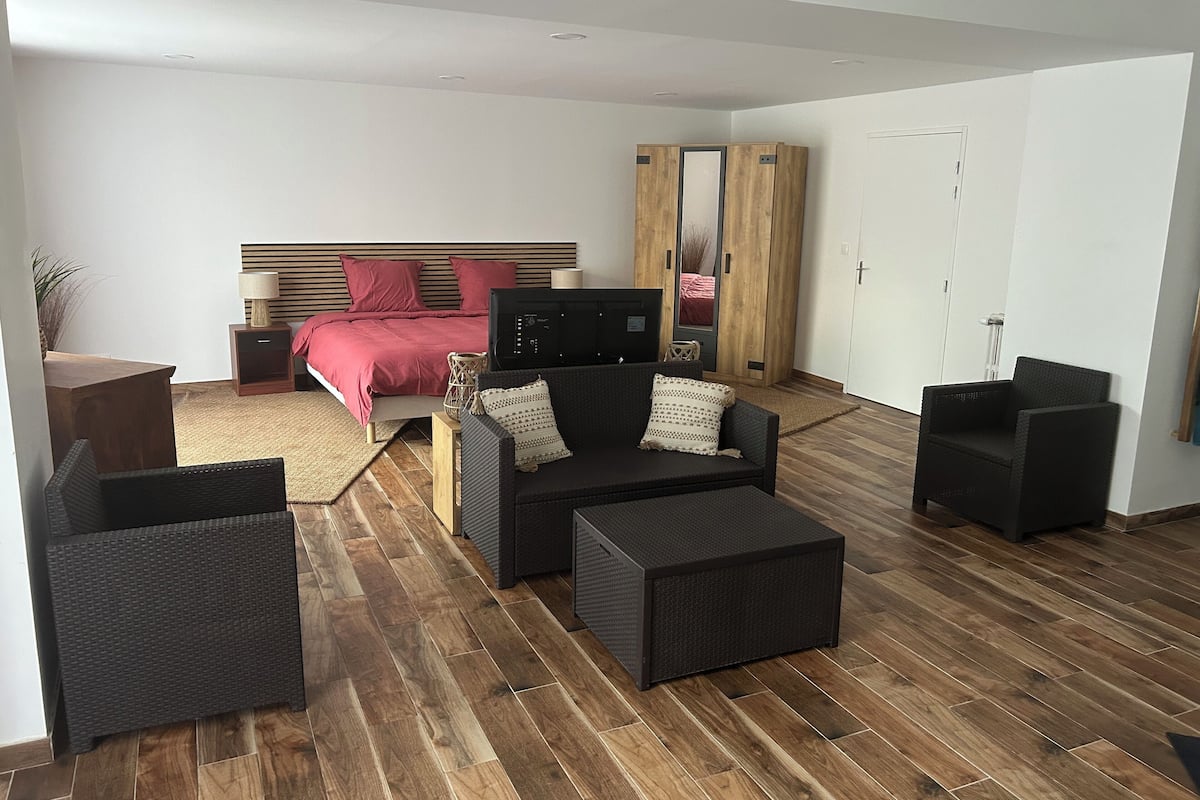 Un dormitorio moderno con cama, televisor y sofá.