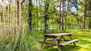 A picnic table in a grassy area with trees in the background. - Hoteleco Sud (Le Passage)