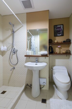 Bathroom features a shower, sink, toilet, and mirror, with storage for toiletries and towels.