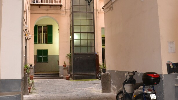An arched corridor with a scooter parked on the right, potted plants along the walls, and a door at the end. - Napolipietrasanta LT (Naples)