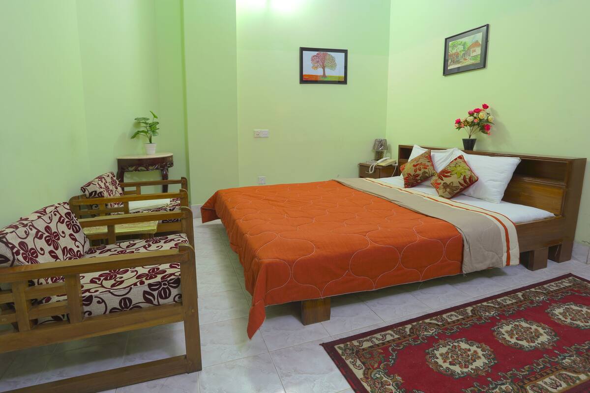 A room with a bed, a wooden chair, a small table with a plant, and a wall-mounted telephone.