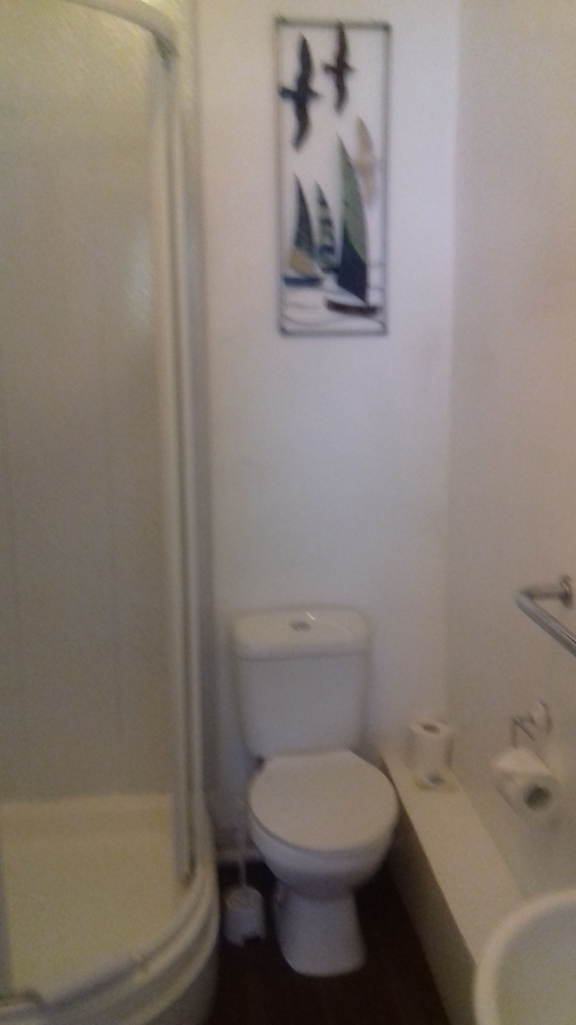 A small bathroom with a shower, toilet, and sink.