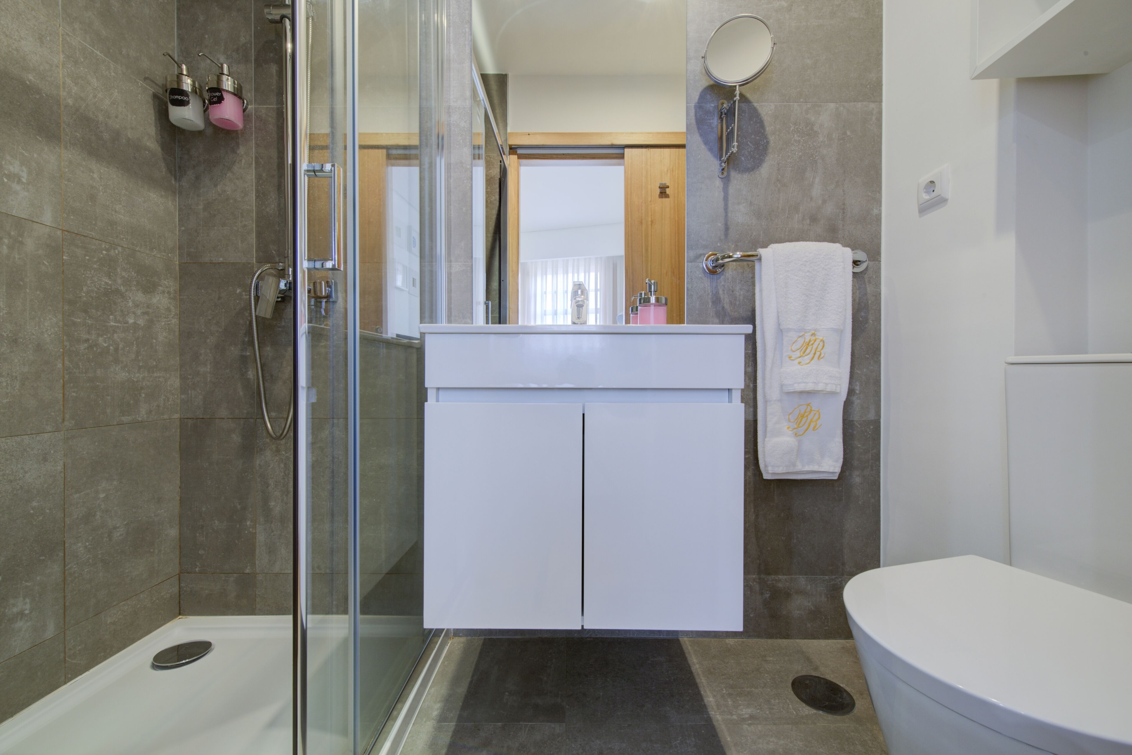 shower, rainfall showerhead, hair dryer, dressing gowns