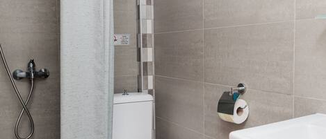 A bathroom with a toilet, shower, and sink.