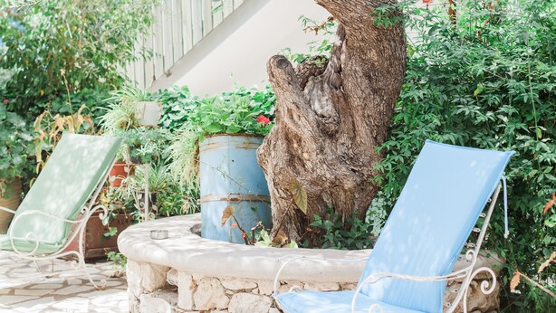 A stone bench and a blue lounge chair in a garden area with a tree and potted plants. - Afroditi Pansion (Lefkada)