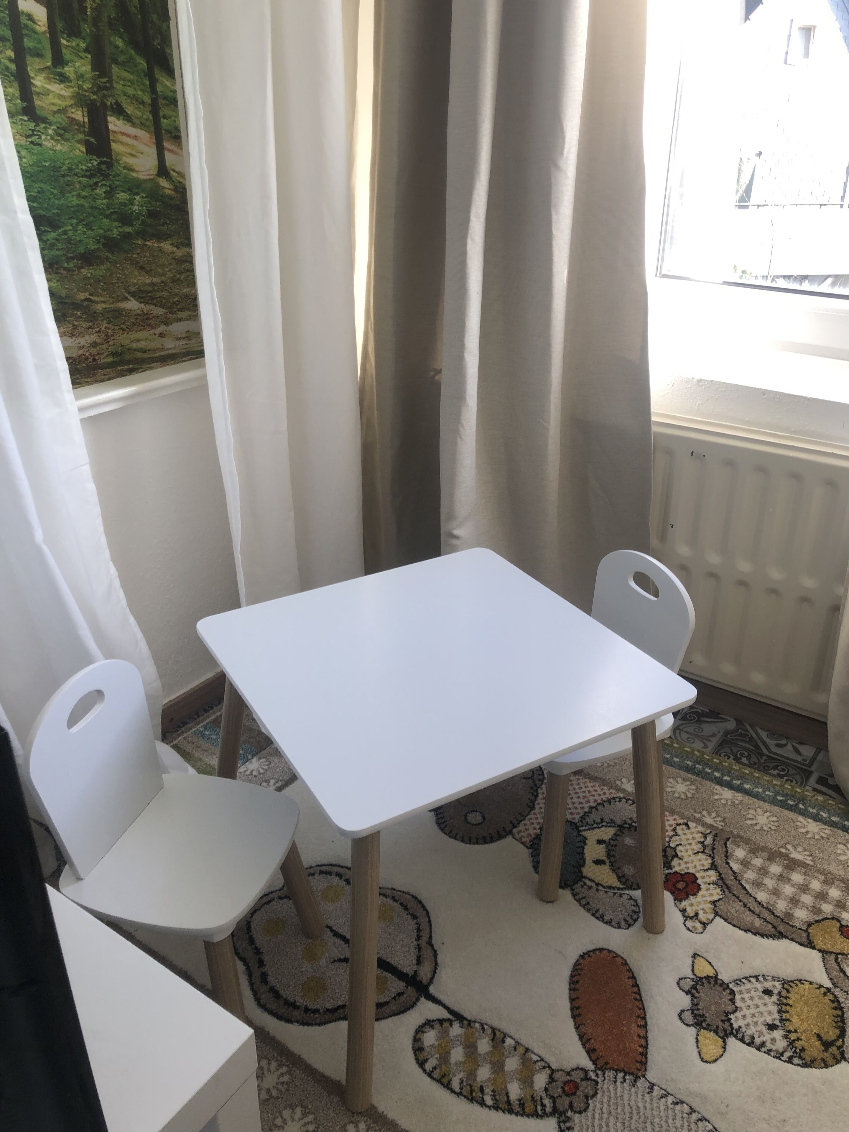 A small room with a white table and two white chairs, a patterned rug, and a view of a forest through sheer curtains.