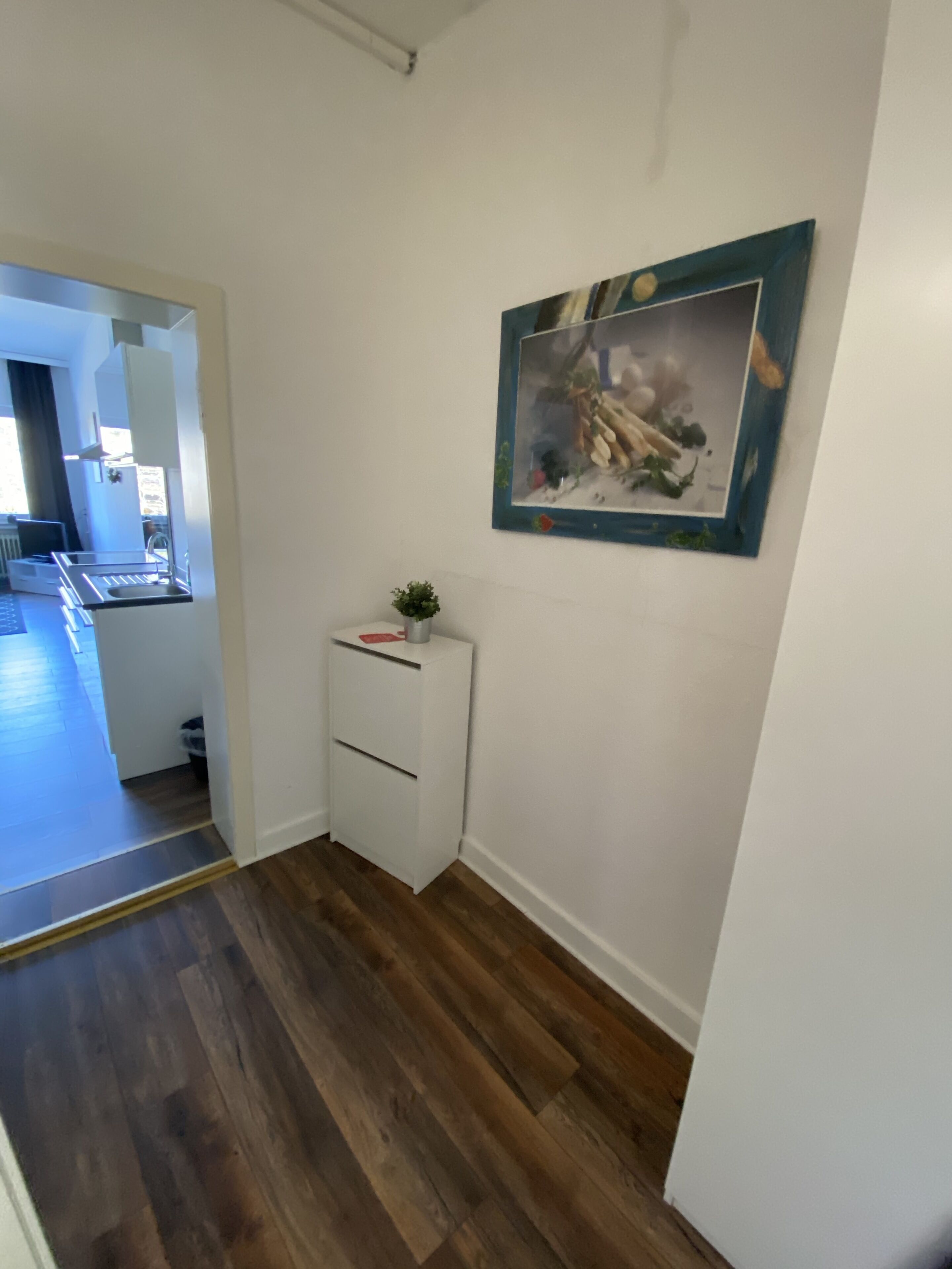 Un couloir doté d’un plancher en bois, d’un mur blanc et d’un tableau encadré.