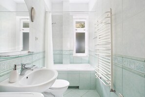 Combined shower/tub, hair dryer, towels