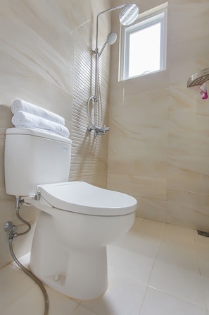 Shower, free toiletries, towels