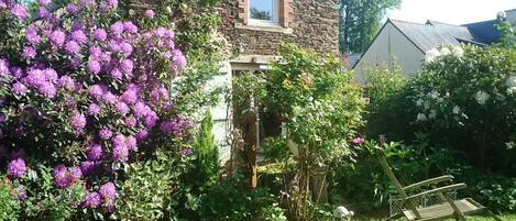 Una casa in pietra con una finestra, circondata da un verde lussureggiante e fiori viola.