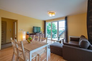 Apartamento conforto, 1 quarto, vista para a cidade | Sala de estar | TV de tela plana