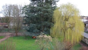 A garden with various trees, a bench, and a swing set. - Le Clos des Tanneurs (Taponas)