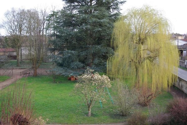 Un jardín con varios árboles, un banco y un columpio.