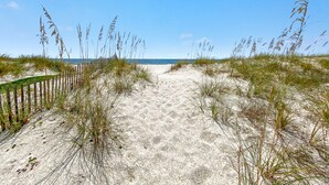 A sandy beach path with grass on either side leading to the sea. - DIRECT GULF FRONT LUXURY HOME, INCREDIBLE BEACHES, SPACIOUS LAYOUT. (Gulf Shores)