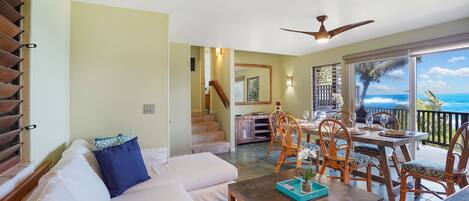 Televisio, DVD-soitin, kirjoja, stereot