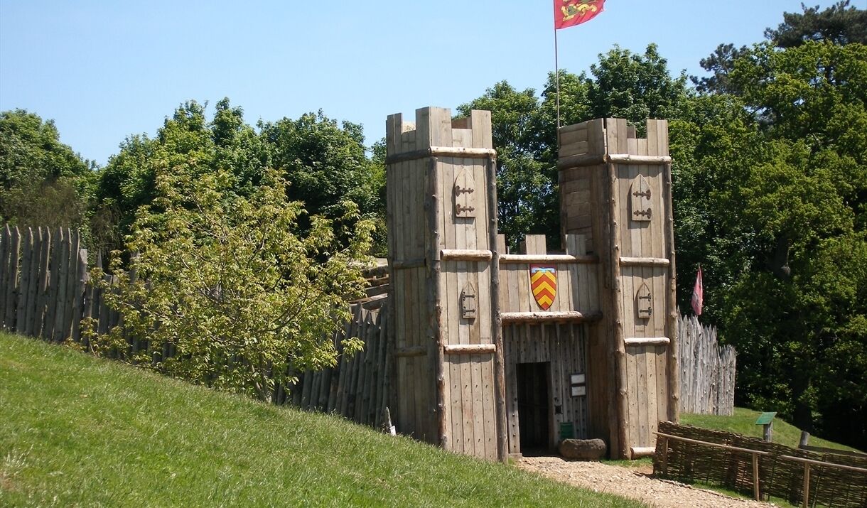 A wooden castle-like structure with a flag, surrounded by trees and a wooden fence.