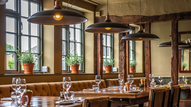 A restaurant with wooden tables and benches, potted plants, and hanging pendant lights. - The Cricketers (Saffron Walden)