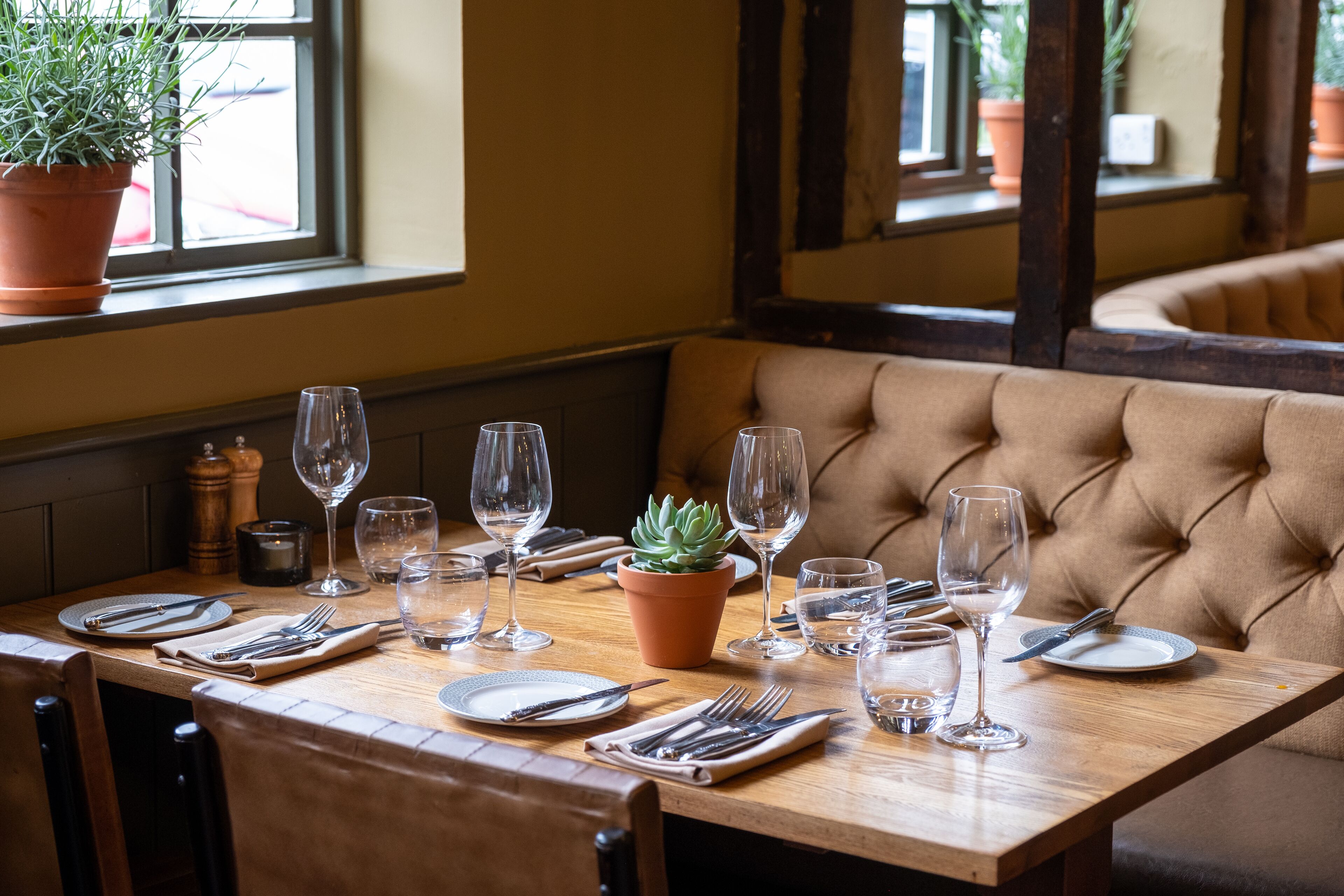 A dining table set with plates, cutlery, and wine glasses, with a potted plant in the center.