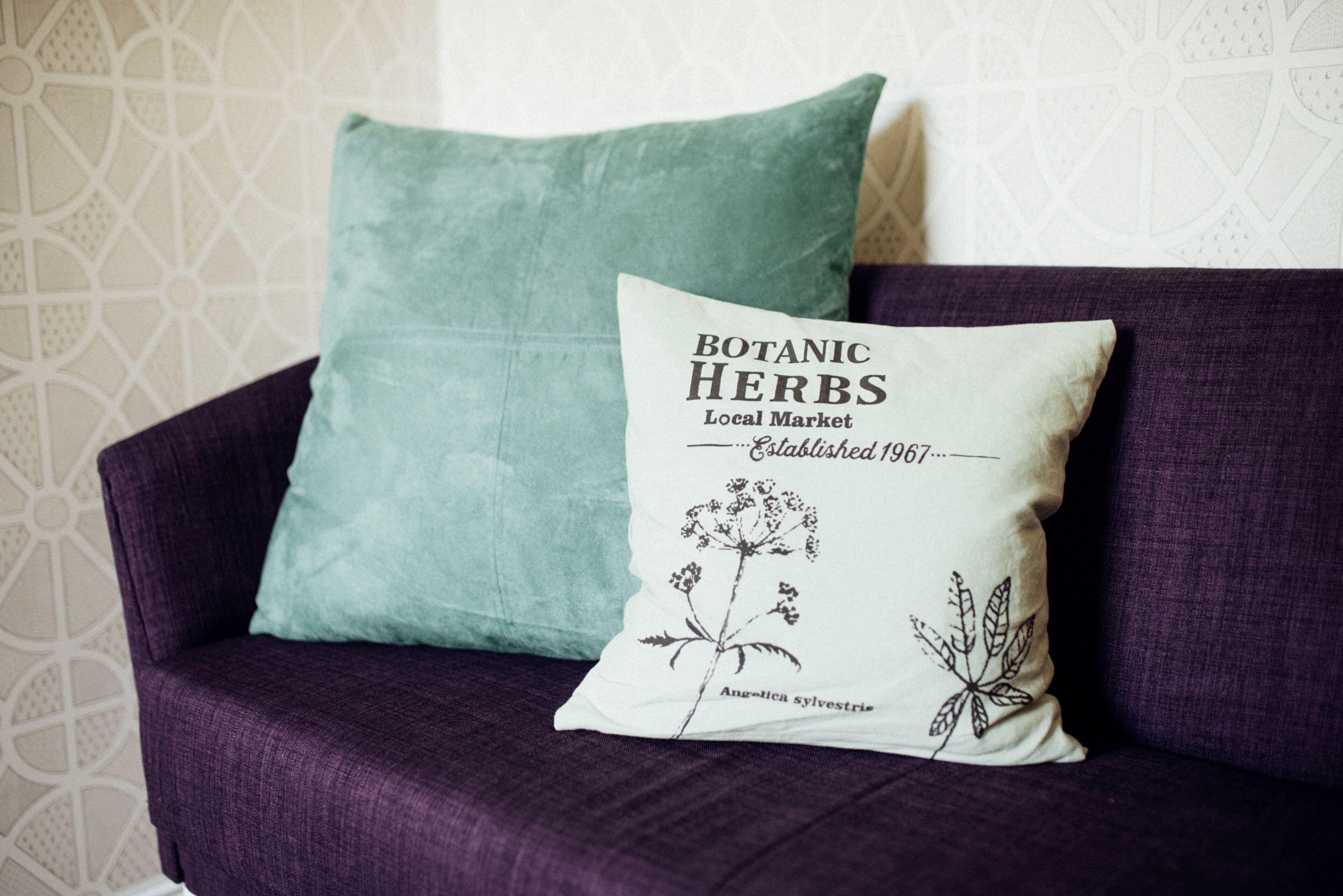 Ein violettes Sofa mit einem türkisblauen Kissen und einem weißen Kissen mit botanischen Abbildungen und Schriftzug.