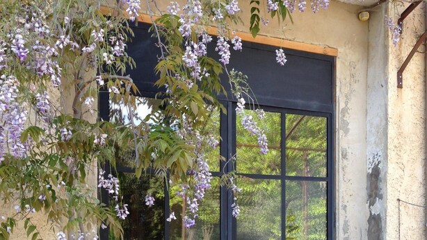 A black-framed door with a view of a garden through the glass panels. - Mas Las Vitalis (L'Isle-sur-la-Sorgue)