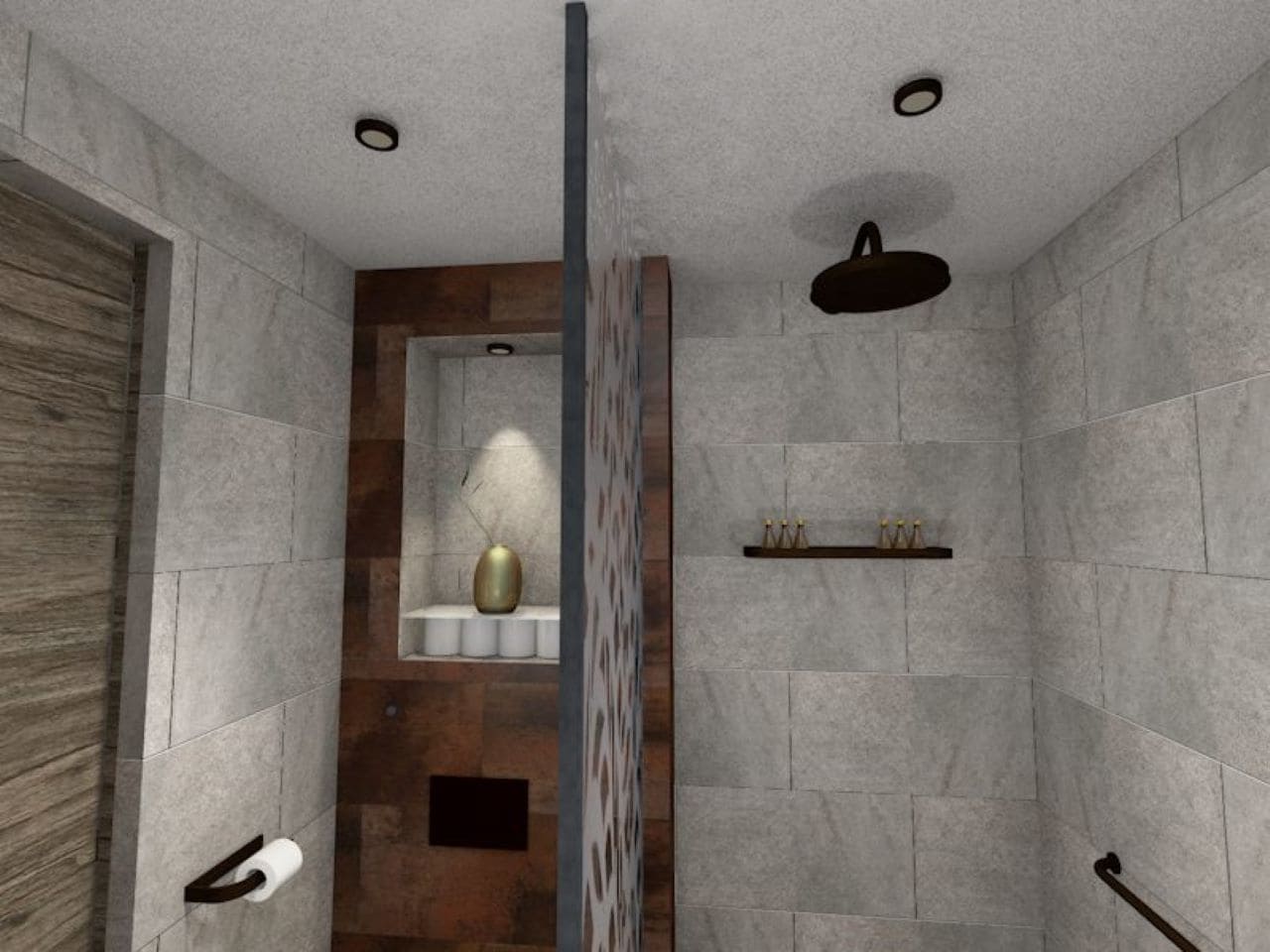 Un área de ducha moderna con una pared de acento de madera, un estante con artículos de aseo y un perchero de pared.