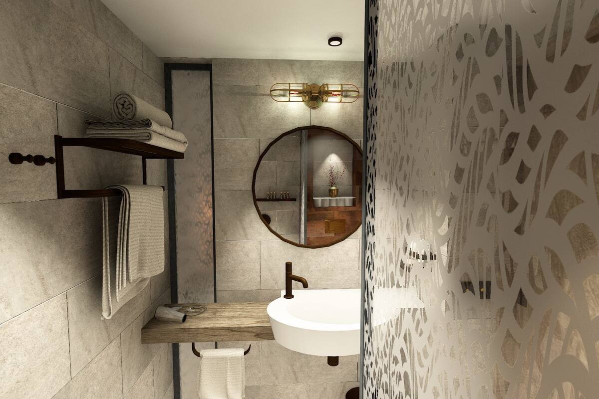 shower, designer toiletries, hair dryer, towels