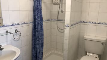 A bathroom with a shower, toilet, and sink.