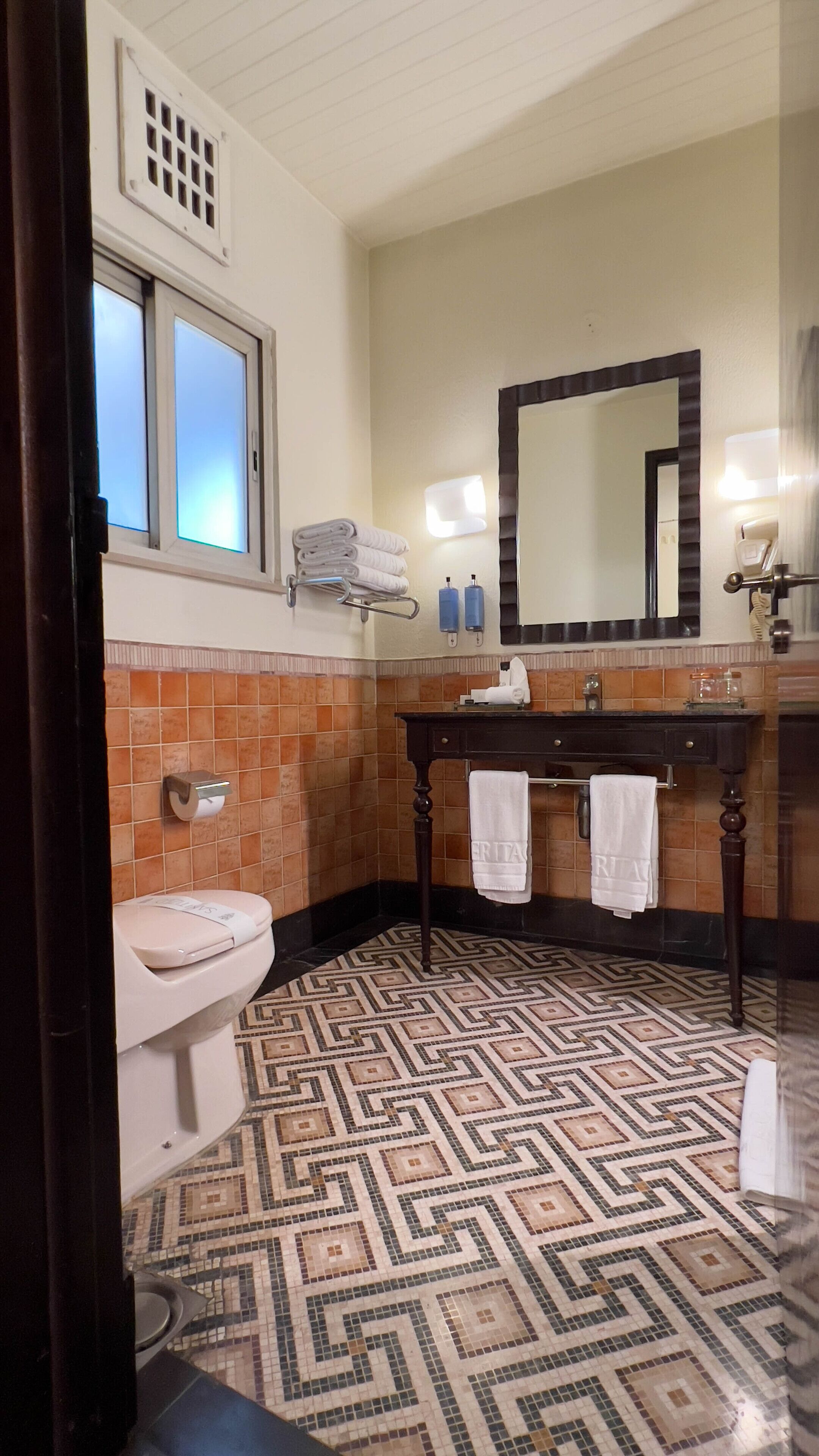 Un baño con inodoro, lavabo con espejo y suelo estampado.