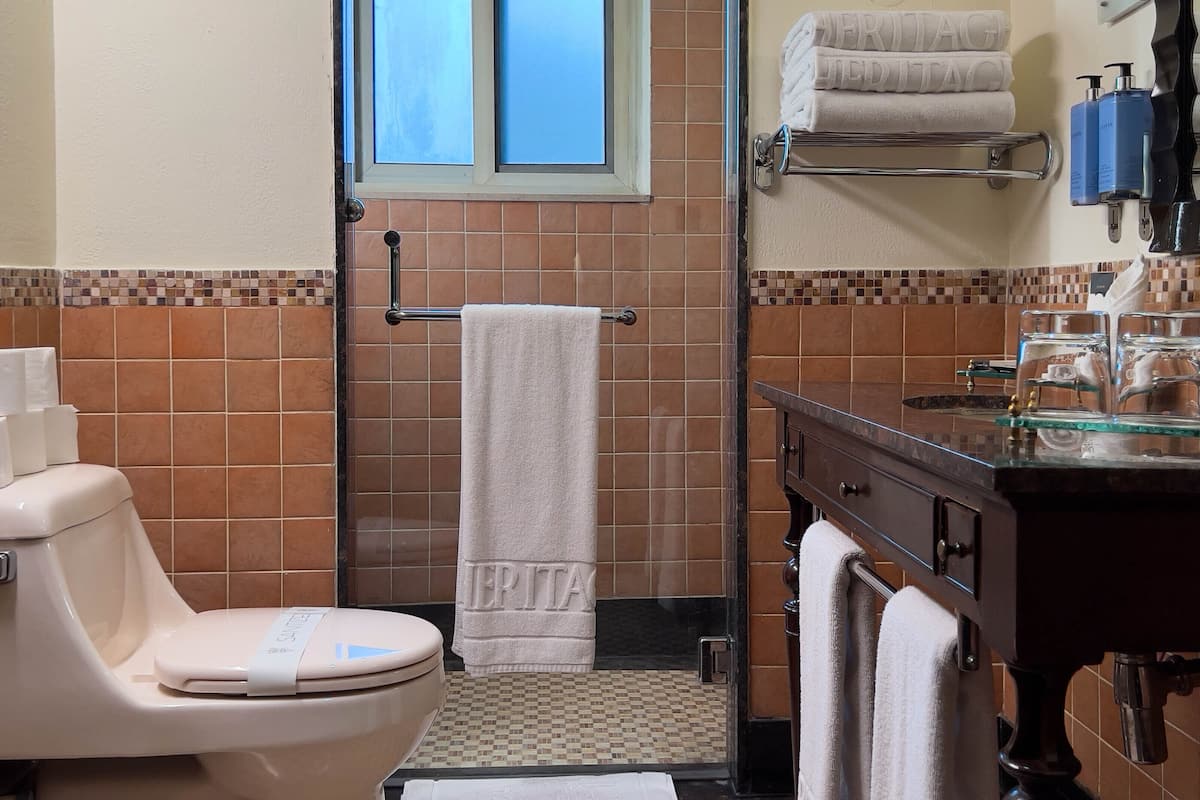 one bed suite | bathroom | shower, hair dryer, bathrobes, slippers