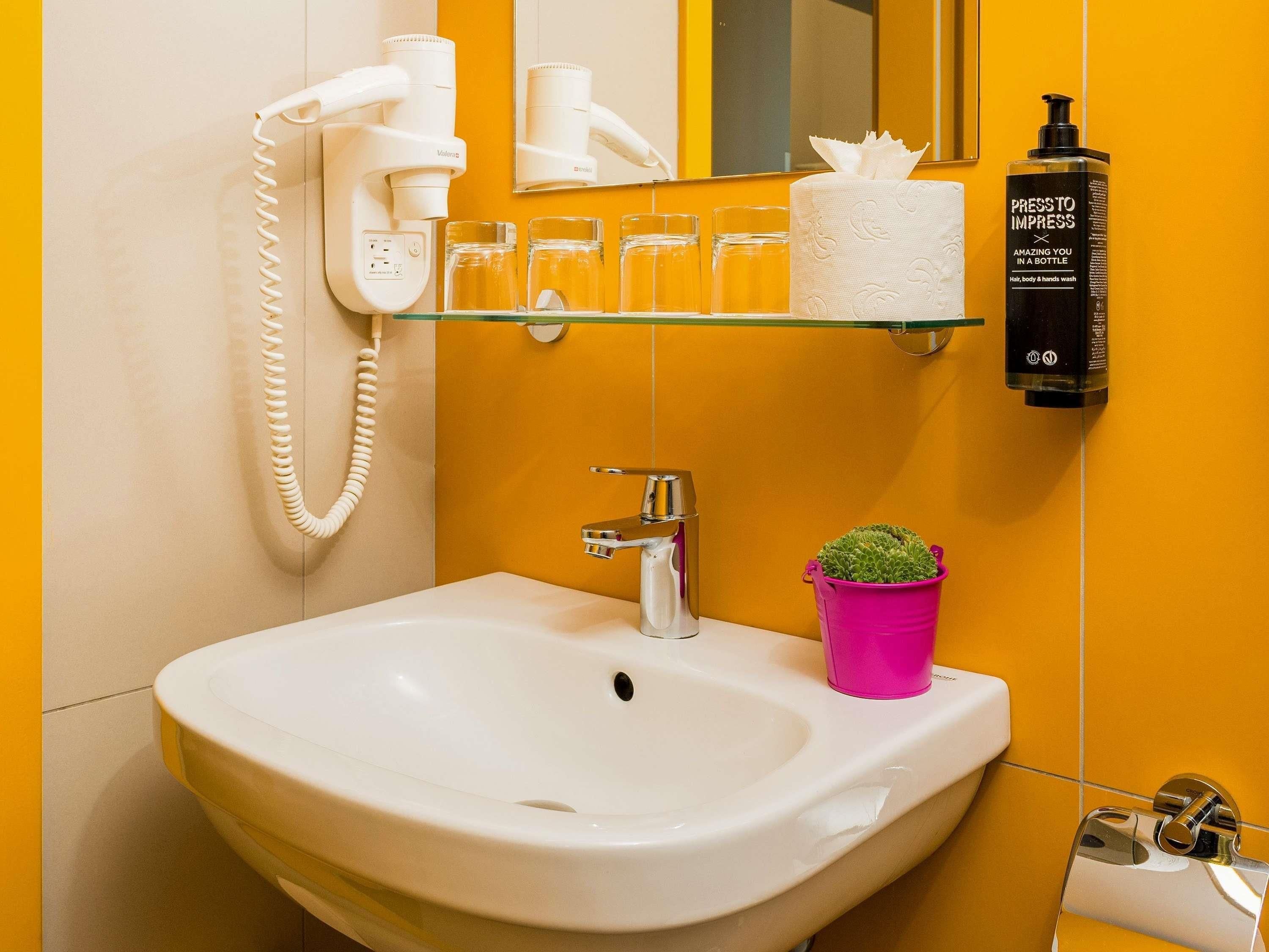 Un baño con lavamanos blanco, un secador de pelo, un espejo, una estantería con artículos de aseo y una pequeña planta en maceta.