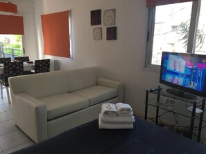 Apartamento exclusivo, 1 cama de casal e sofá-cama | Área de estar | TV de tela plana