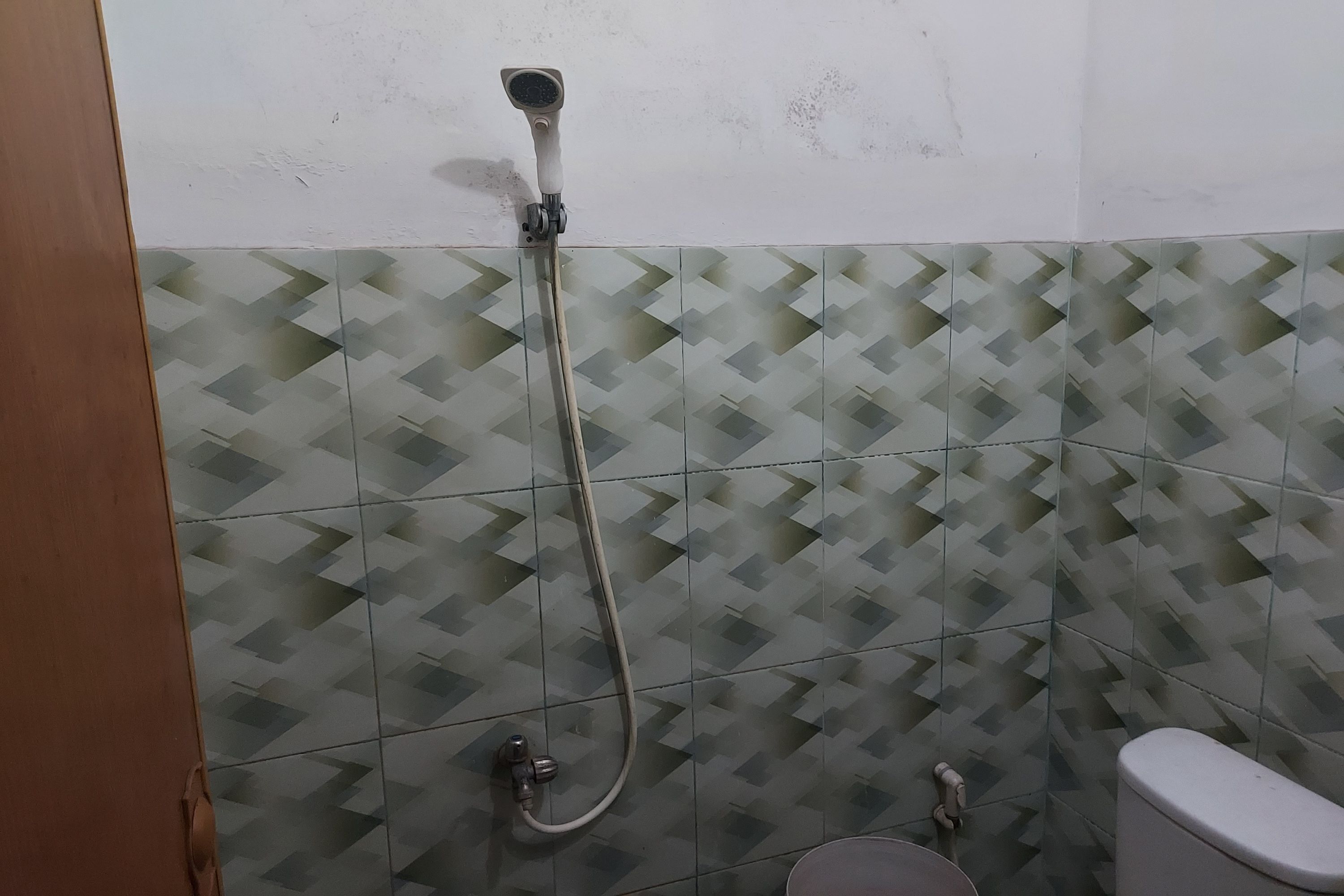 Un baño con ducha, inodoro y pared de azulejos estampados.