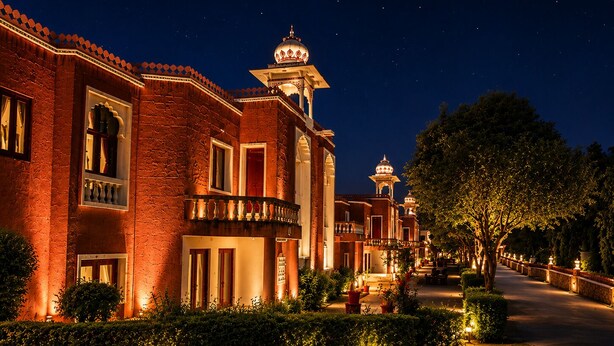 A well-lit hotel with traditional architecture, including domed towers and a courtyard with pathways. - Oriental Palace Resorts (Udaipur)