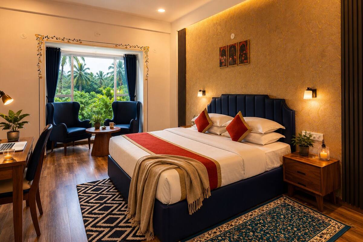 A hotel room with a bed, two chairs, a desk with a laptop, a nightstand with a candle, and a view of greenery outside.