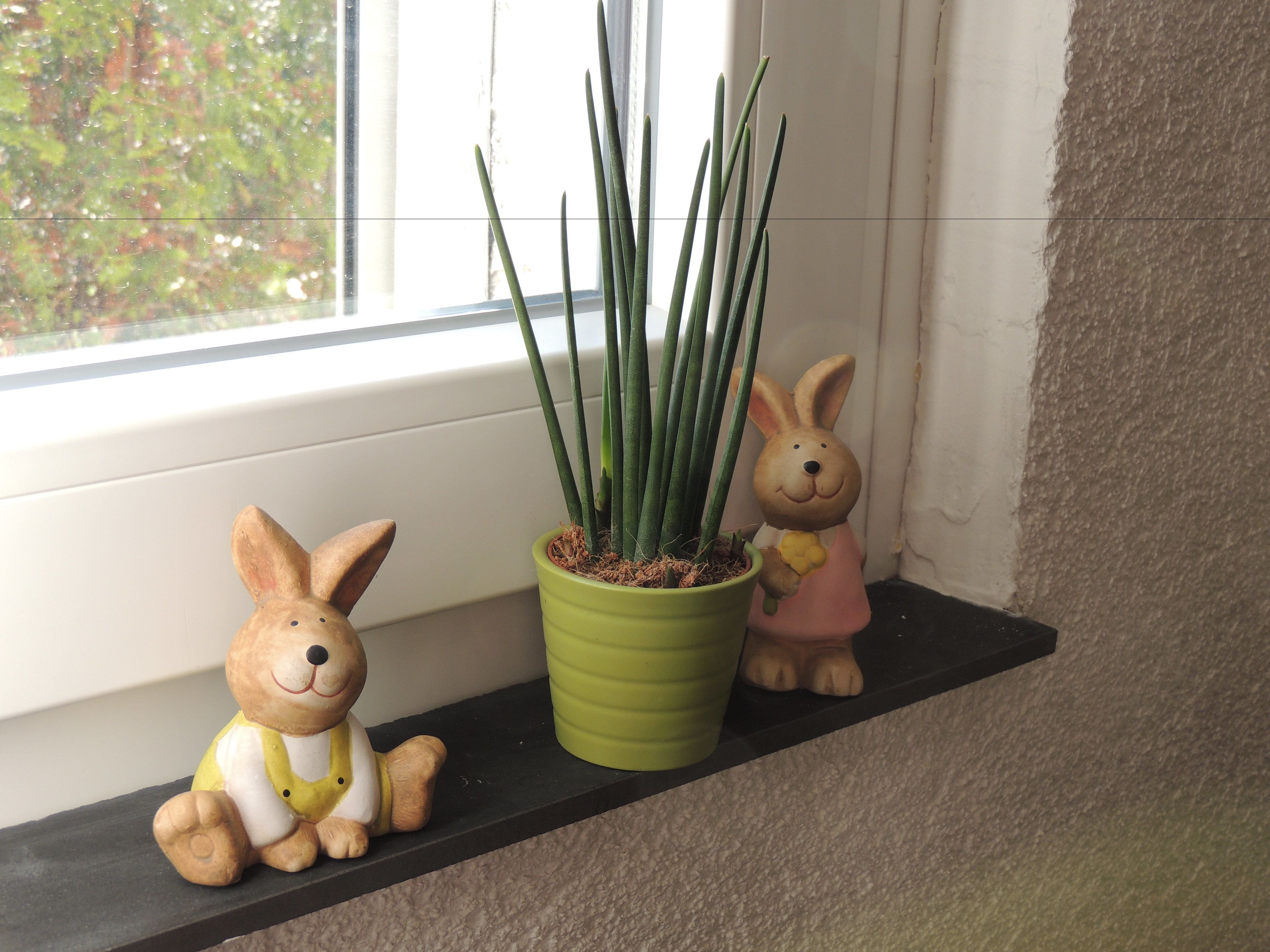 Two ceramic rabbit figurines on a shelf next to a potted plant.