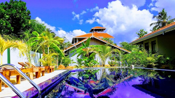 A swimming pool with a clear view of the surrounding lush greenery and a building with a red-tiled roof. - Thambili cabanas (Hikkaduwa)
